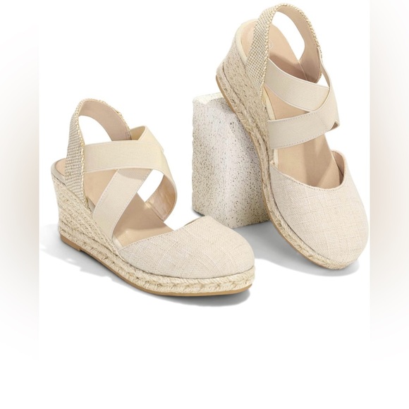 mysoft Shoes - Women's Closed Toe Crisscross Elastic Ankle Strap Platform Espadrille Wedge